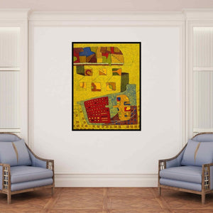 In-situ view of Sunil Ningule's 'Untitled 1 (Cityscape Rhythm)' painting in a room