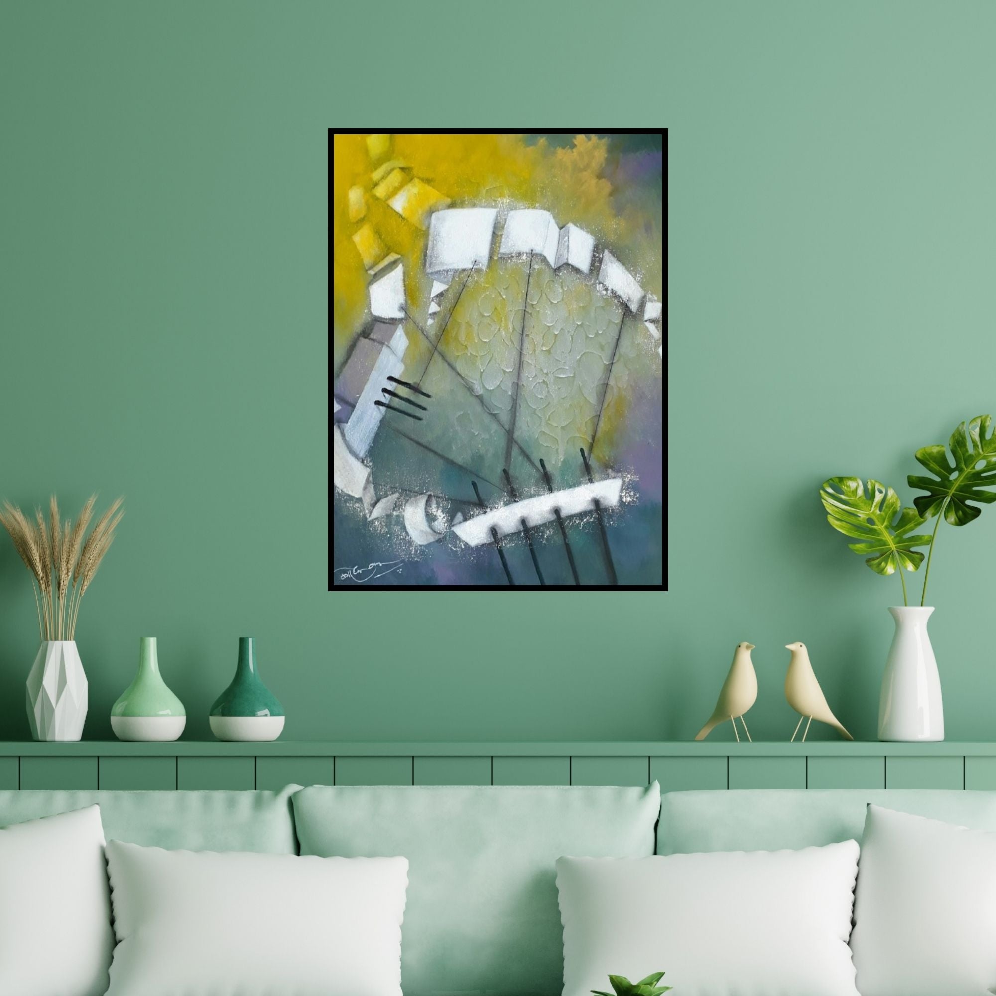 Preview of 'Untitled 1 (Abstract Composition)' Painting by Vijayraaj Bodhankar shown on a wall in a furnished room.