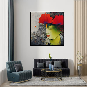 Preview of 'Untitled 1 (Bloom Within)' Painting by Anand Panchal shown on a wall in a furnished room.