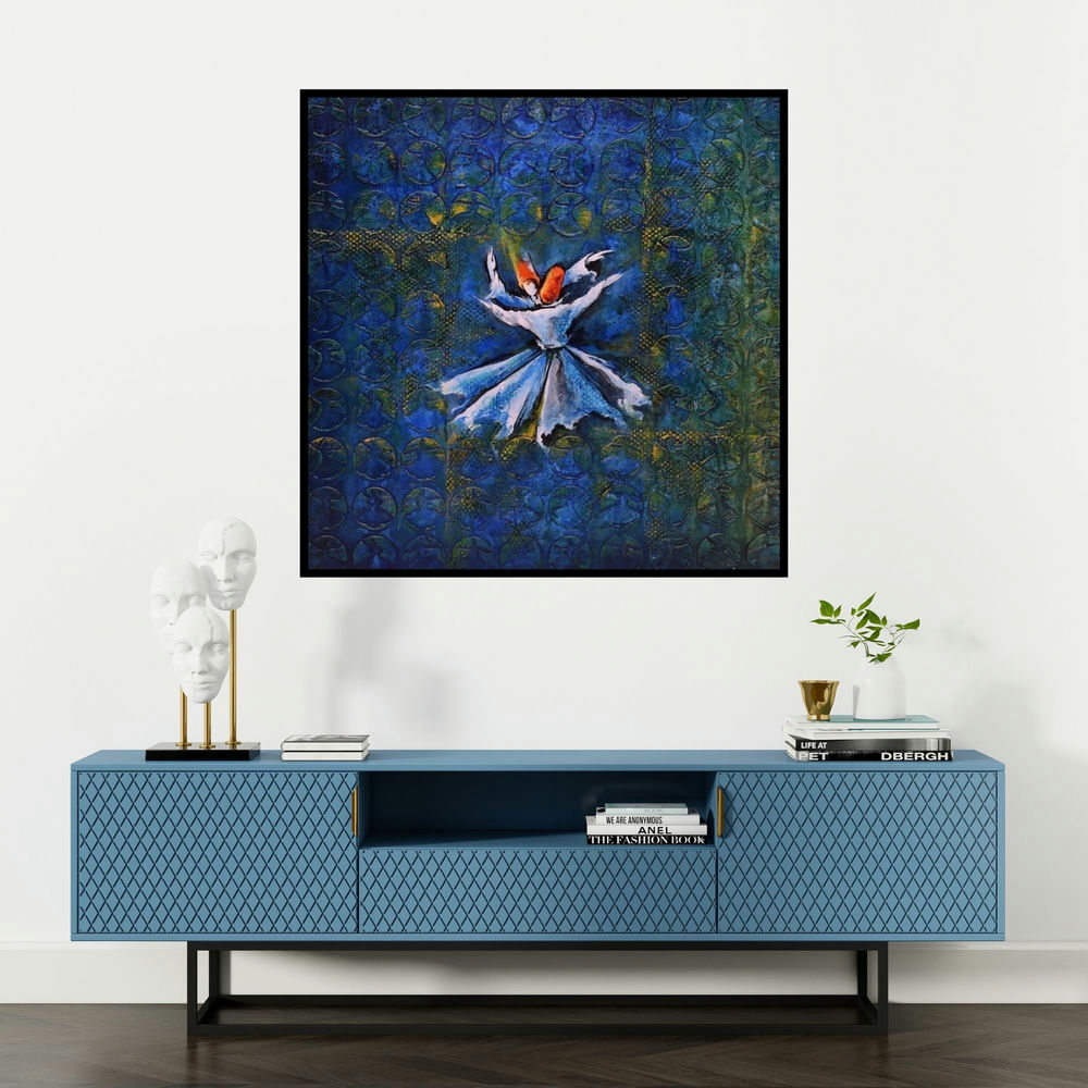 'Untitled 1 (The Dance of Ecstasy)' painting by Radhika Seksaria shown on a wall in a furnished room.