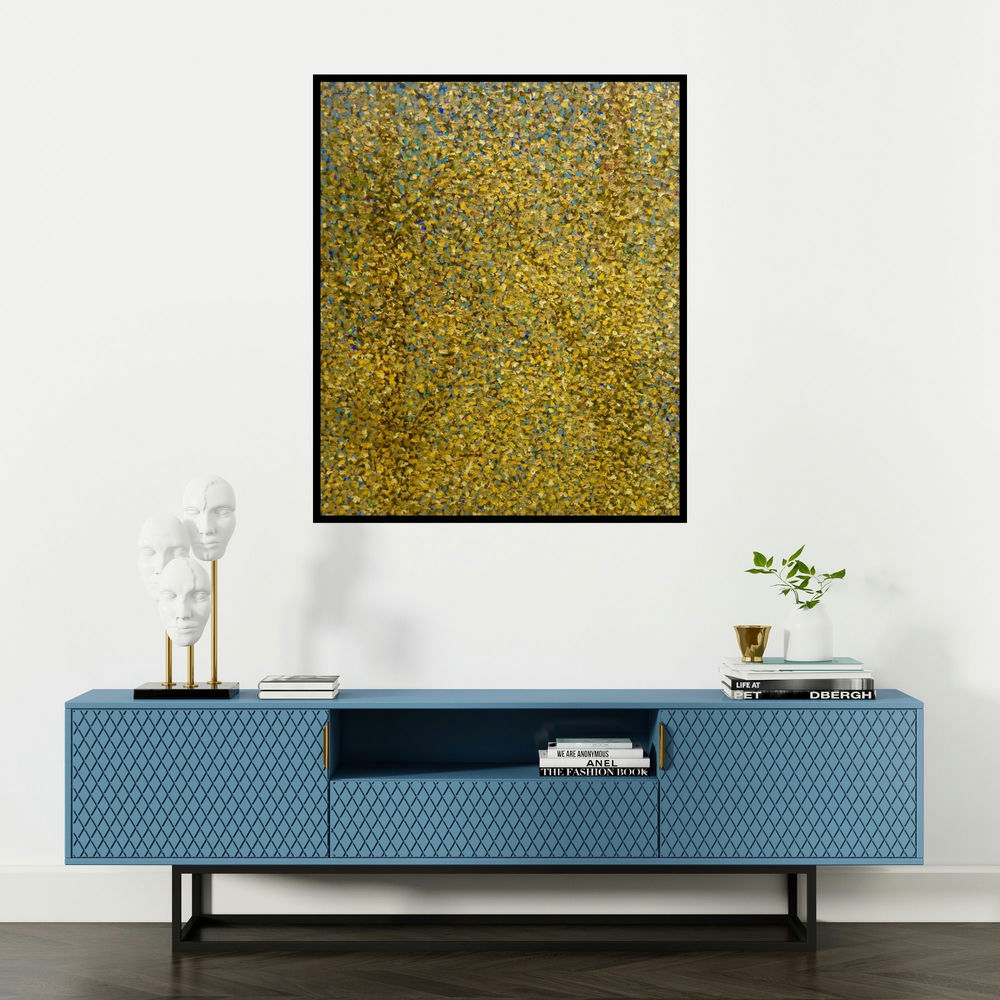 Vinit Kumar's 'Untitled 1 (Golden Reverie)' painting visualized above a sofa in a contemporary room.