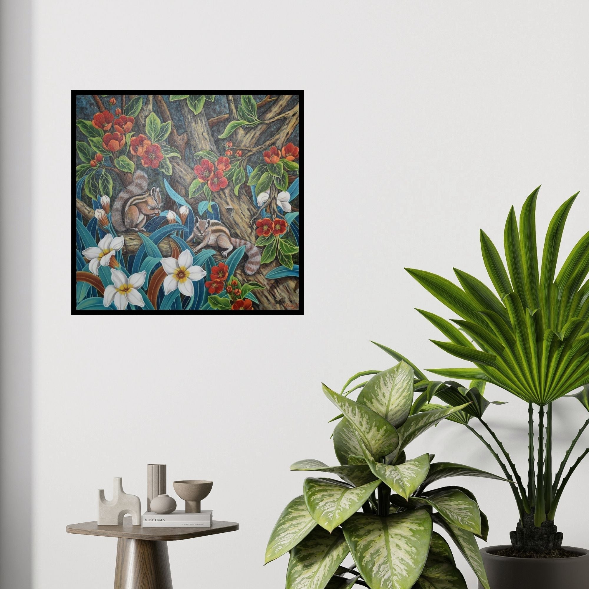 In-situ view of Vani Chawla's 'Untitled 1 (Squirrels and Flowers)' painting in a room