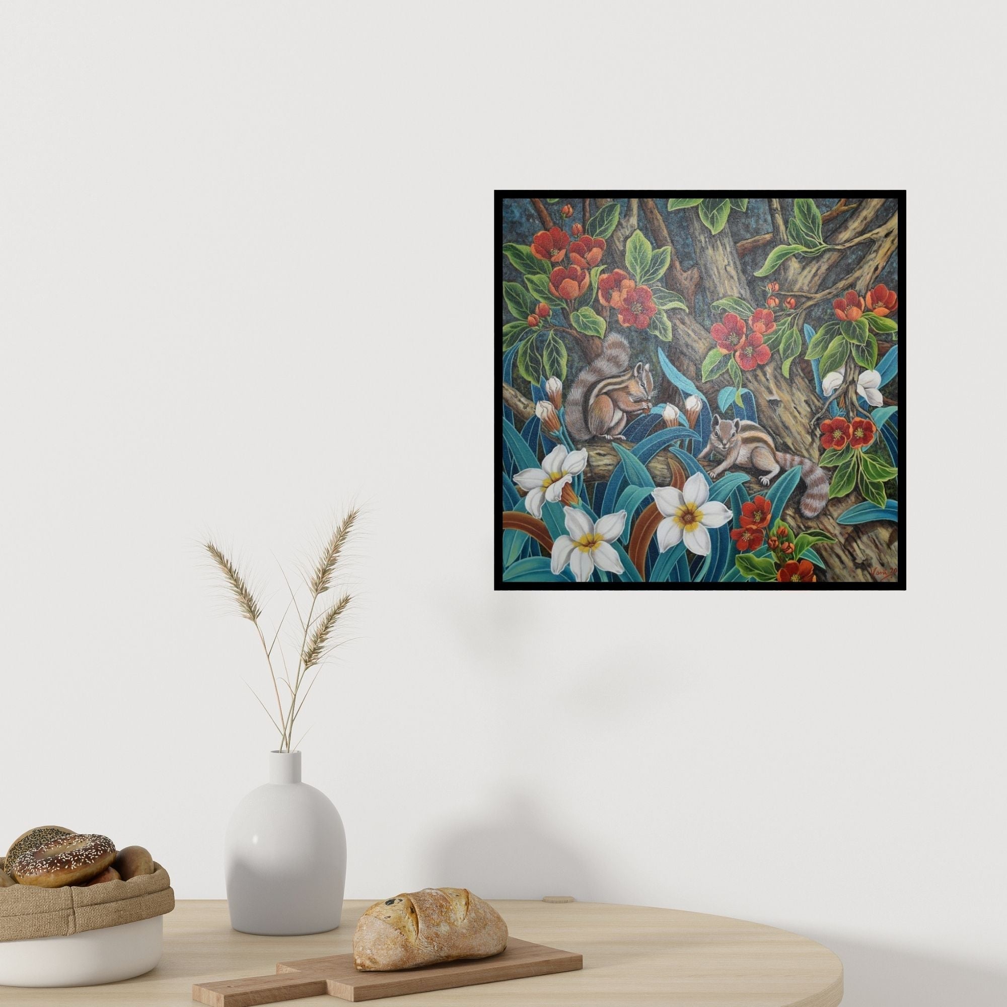 Preview of 'Untitled 1 (Squirrels and Flowers)' Painting by Vani Chawla shown on a wall in a furnished room.