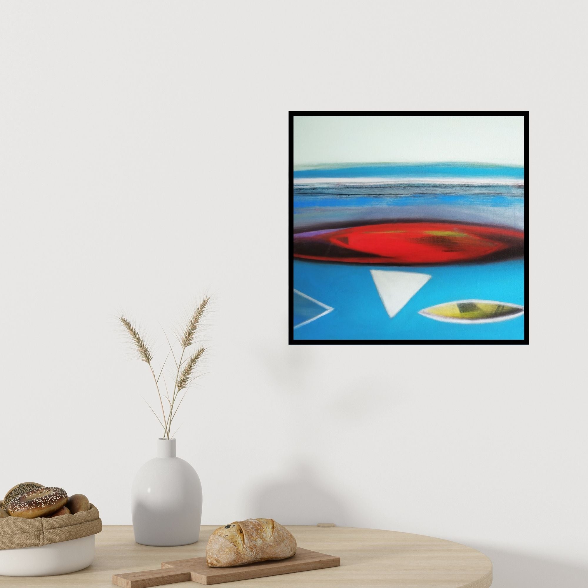 Preview of 'Untitled 1 (Abstract Coastal View)' Painting by Yashwant Pawar shown on a wall in a furnished room.