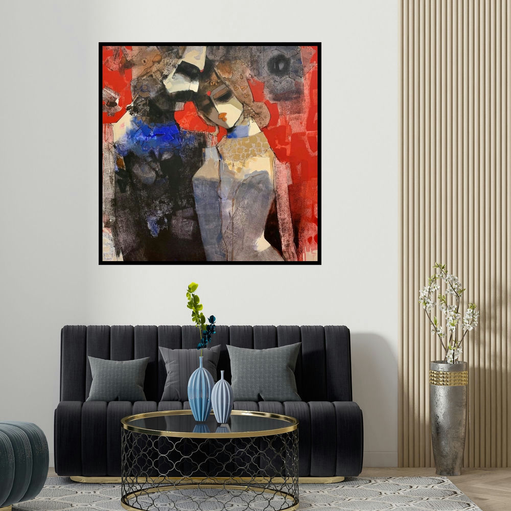 Sachin Jaltare's 'Untitled 1' painting visualized above a sofa in a contemporary room.