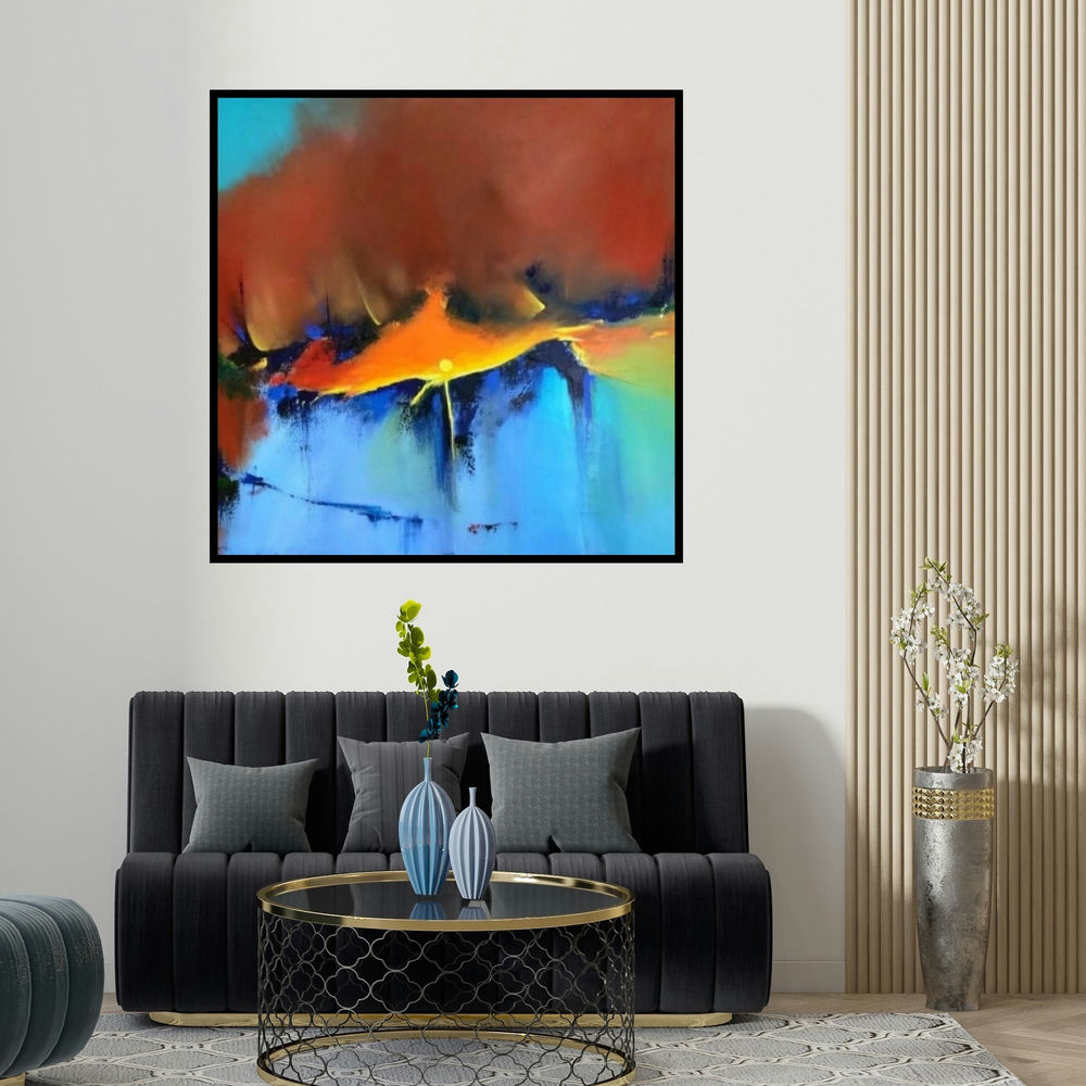 Sanjay Dhawale's 'Untitled 1 (Sunburst)' painting visualized above a sofa in a contemporary room.