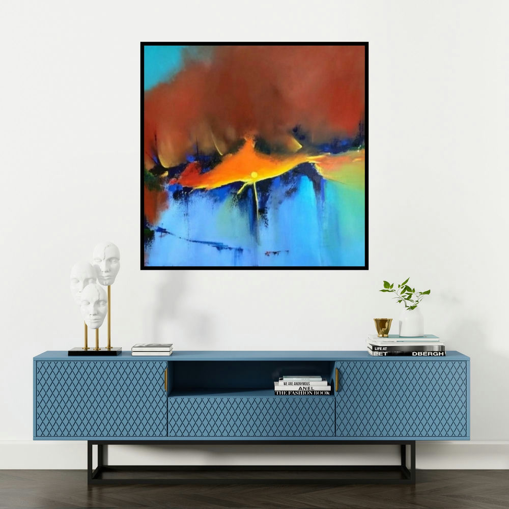 'Untitled 1 (Sunburst)' painting by Sanjay Dhawale shown on a wall in a furnished room.