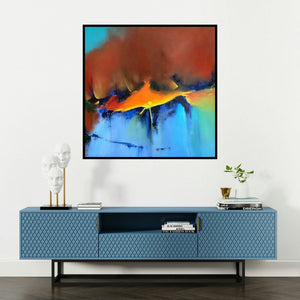 'Untitled 1 (Sunburst)' painting by Sanjay Dhawale shown on a wall in a furnished room.