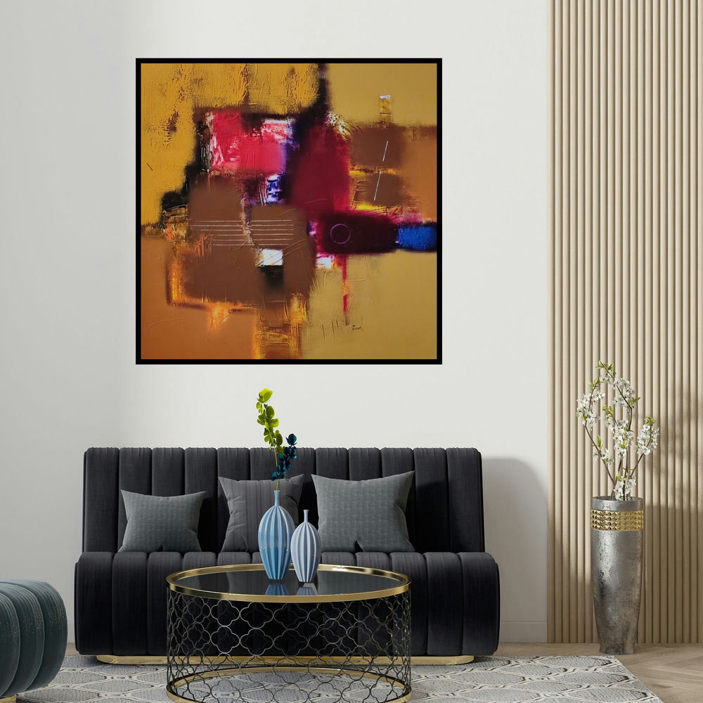 Paras Parmar's 'Untitled 1 (The Flow of Energy)' painting visualized above a sofa in a contemporary room.