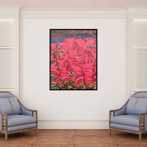 In-situ view of Sadaf Beg Khan's 'Untitled 1 (Crimson Village)' painting in a room