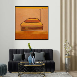 Snehal Ekbote's 'Untitled 1 (A Broadcast from the Past)' painting visualized above a sofa in a contemporary room.