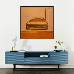 'Untitled 1 (A Broadcast from the Past)' painting by Snehal Ekbote shown on a wall in a furnished room.