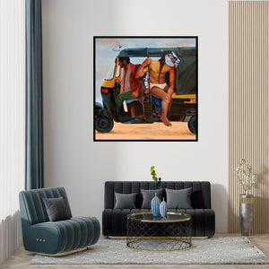 Preview of 'Untitled 1 (An Unexpected Journey)' Painting by Swapnil Ramgade shown on a wall in a furnished room.