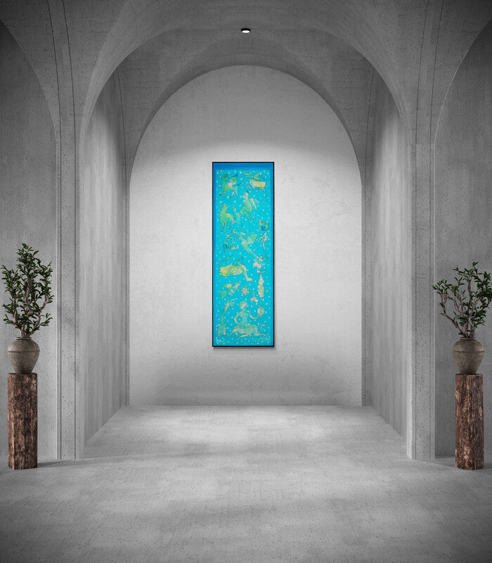 Joydeep Bhattachrjee's painting 'Untitled 1 (The Garden of Dreams)' displayed in a modern living room setting