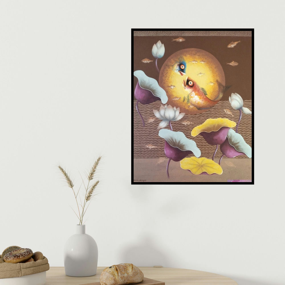 Nur Ali's 'Untitled 1 (Beneath the Lotus)' painting visualized above a sofa in a contemporary room.