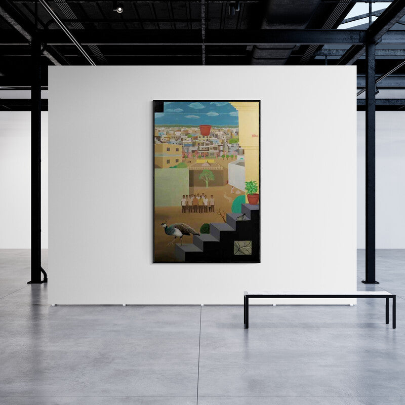 Haraprasad Tripathy's painting 'Untitled 1 (A Peaceful Interlude)' displayed in a modern living room setting