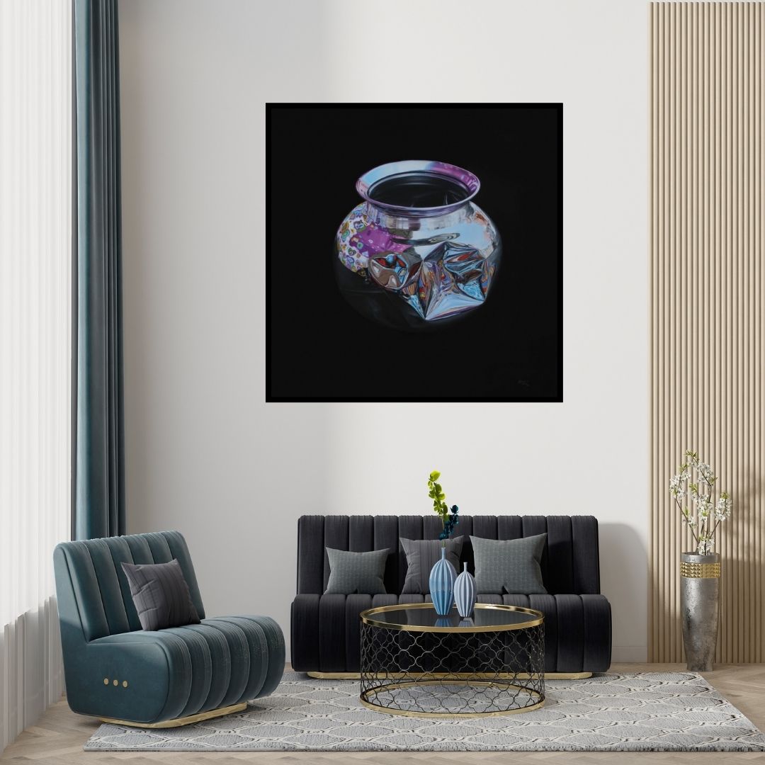 Preview of 'Untitled 1 (Warped Reality)' Painting by Anjaneyulu G shown on a wall in a furnished room.