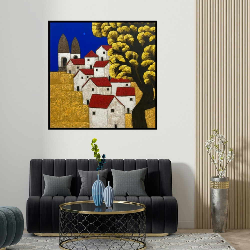 Nagesh Ghodke's 'Untitled 1' painting visualized above a sofa in a contemporary room.