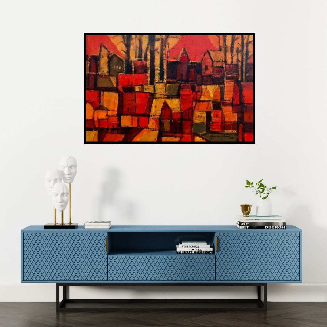 Preview of 'Untitled 1' Painting by Gurudas Shenoy shown on a wall in a furnished room.
