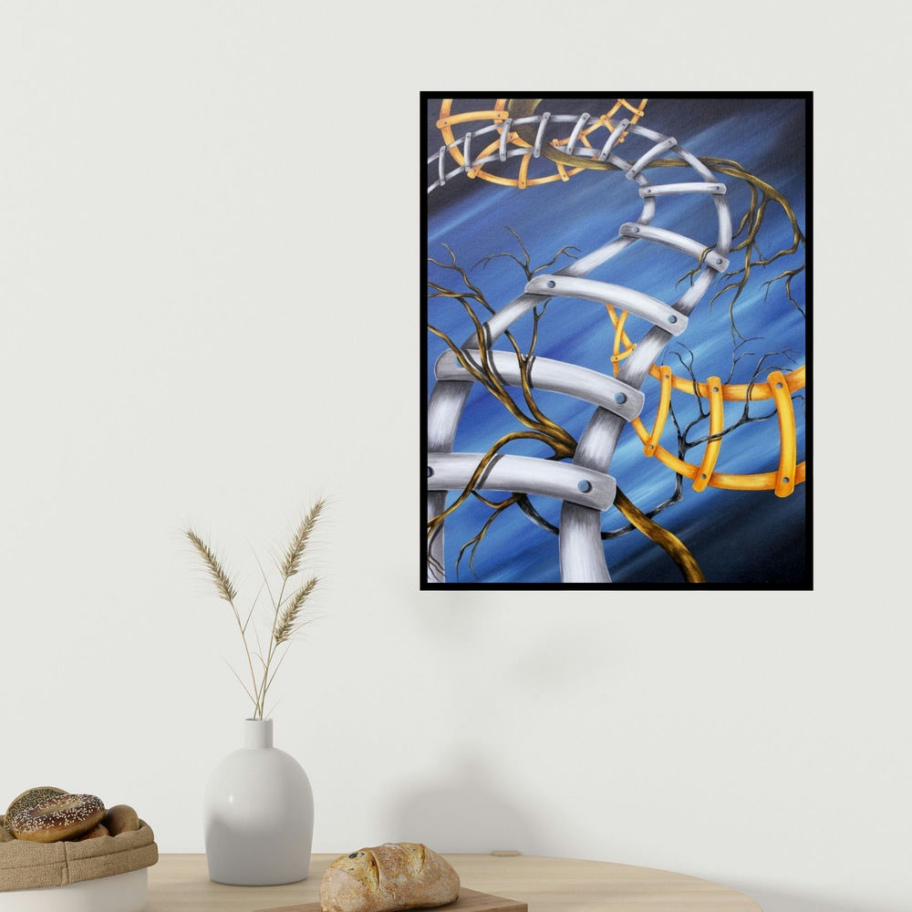 Vanchha Dixit's 'Untitled 1 (The Endless Climb)' painting visualized above a sofa in a contemporary room.