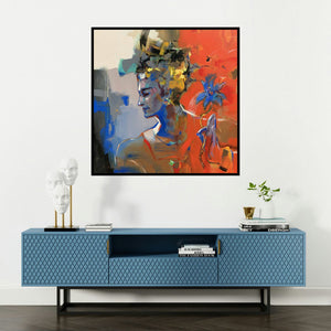 'Untitled 1 (Serene Beauty)' painting by Niladri Paul shown on a wall in a furnished room.