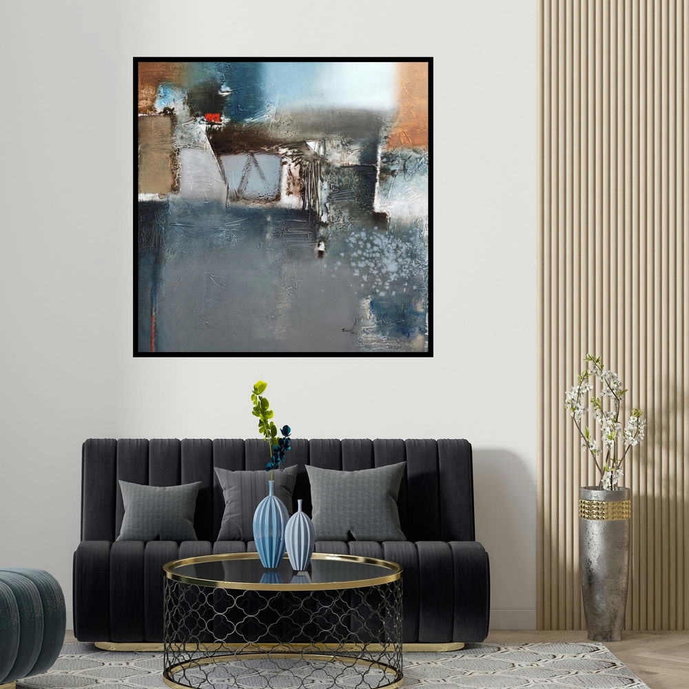 Paras Parmar's 'Untitled 1 (Urban Tapestry)' painting visualized above a sofa in a contemporary room.