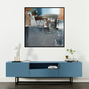 'Untitled 1 (Urban Tapestry)' painting by Paras Parmar shown on a wall in a furnished room.