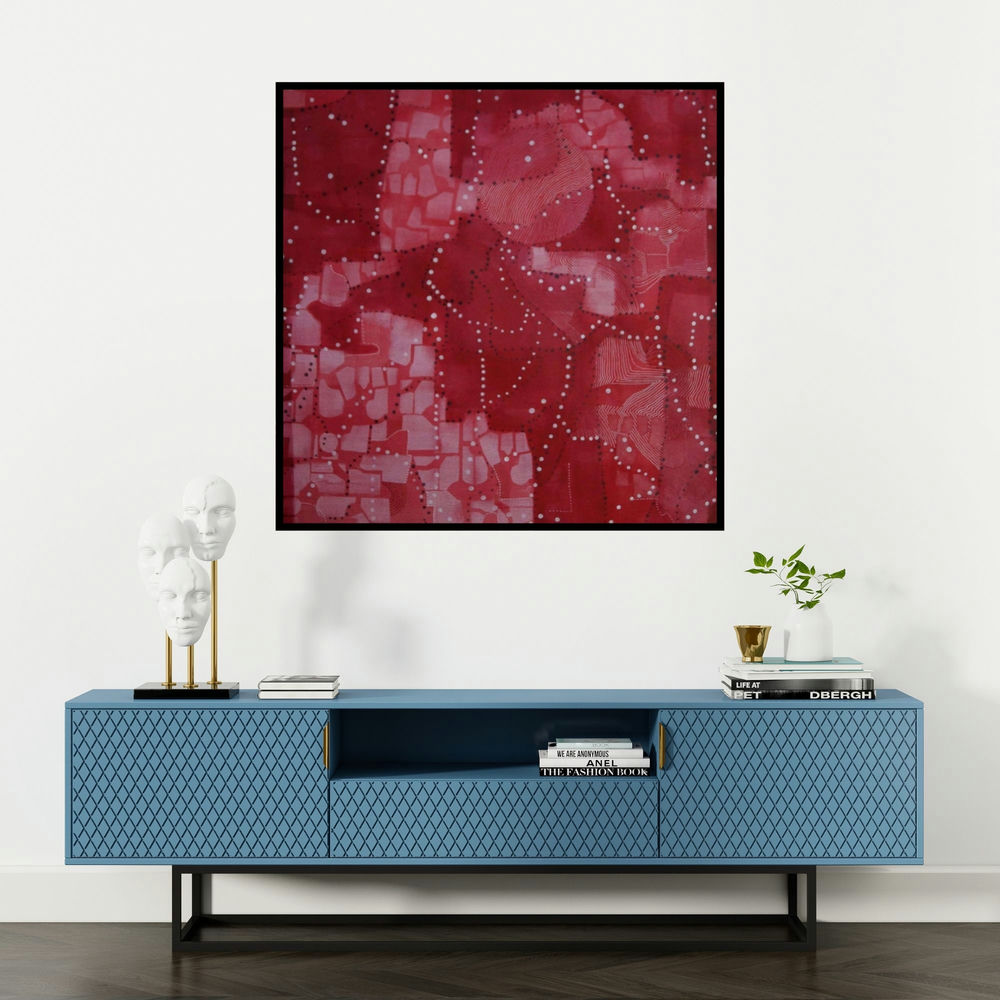 'Untitled 1 (Crimson Tapestry)' painting by Govind Biswas shown on a wall in a furnished room.