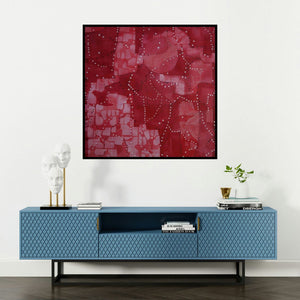 'Untitled 1 (Crimson Tapestry)' painting by Govind Biswas shown on a wall in a furnished room.