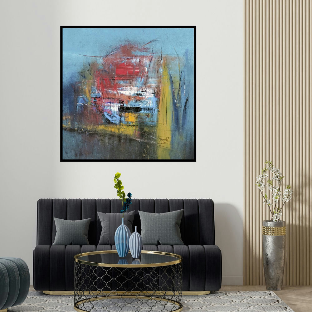 Dnyaneshwar Dhavale's 'Untitled 1 (Hidden Depths)' painting visualized above a sofa in a contemporary room.