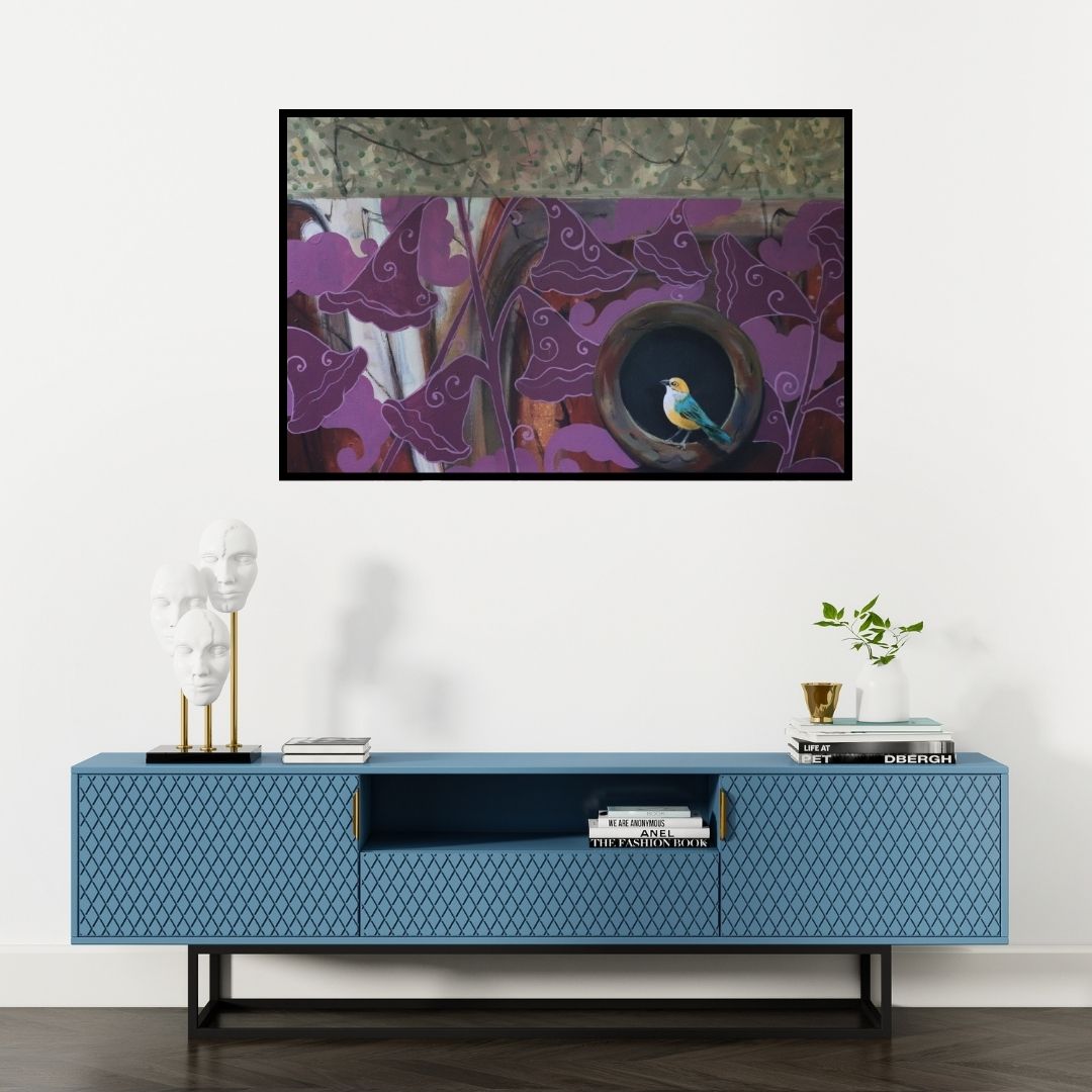 Preview of 'Untitled 1' Painting by Gopal Roy shown on a wall in a furnished room.