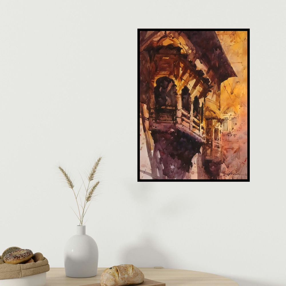 Subrata Malakar's 'Untitled 1 (Echoes of the Past)' painting visualized above a sofa in a contemporary room.