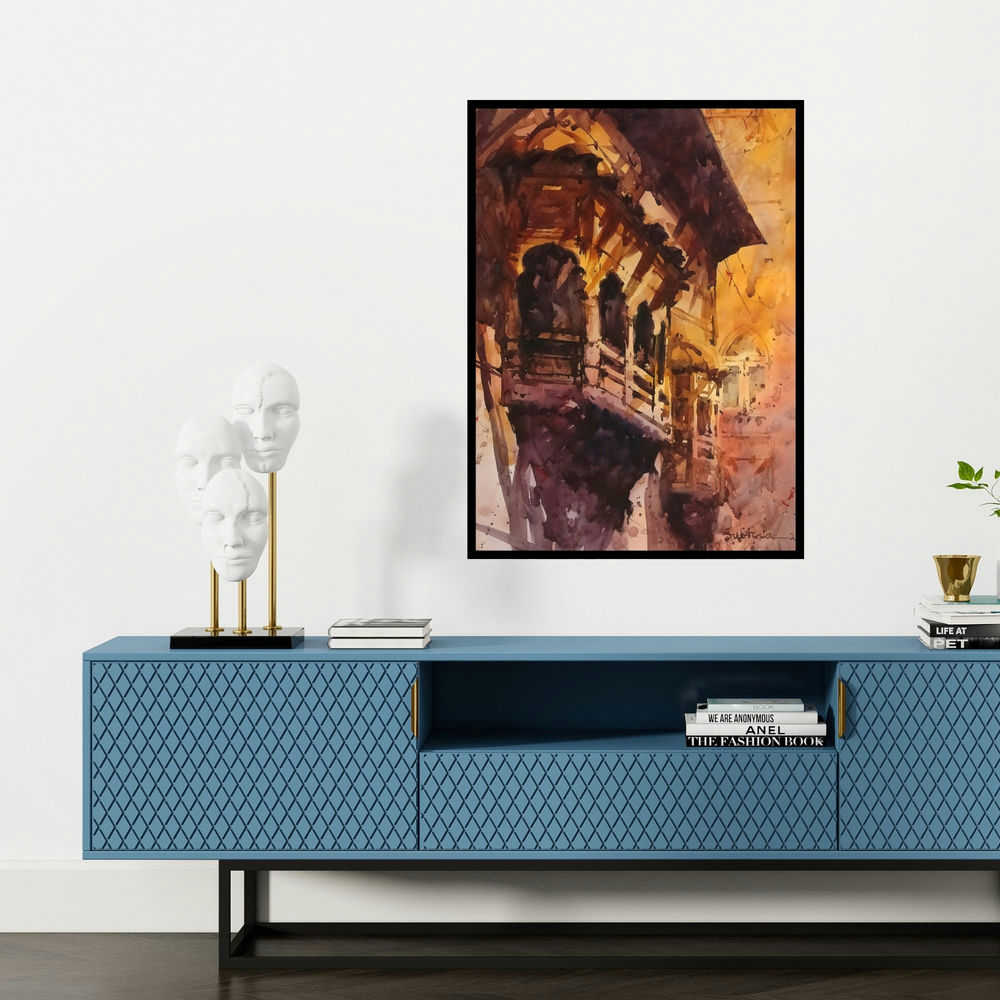 'Untitled 1 (Echoes of the Past)' painting by Subrata Malakar shown on a wall in a furnished room.