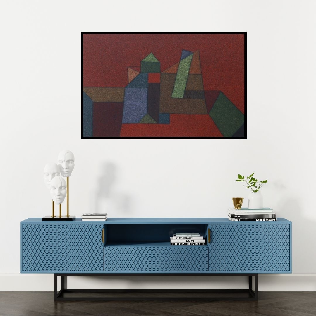 Preview of 'Untitled 1 (Geometric Composition)' Painting by Ganesh Chavan shown on a wall in a furnished room.