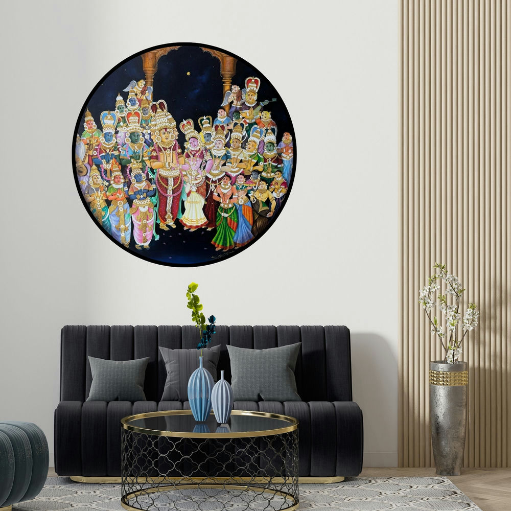 Sachin Kharat's 'Ram Darbaar (Krishna Kalyanam)' painting visualized above a sofa in a contemporary room.