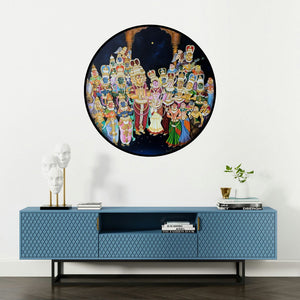 'Ram Darbaar (Krishna Kalyanam)' painting by Sachin Kharat shown on a wall in a furnished room.