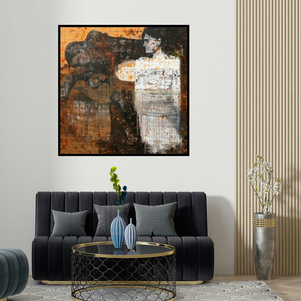 Swati Sable's 'Untitled 1 (Figure in White)' painting visualized above a sofa in a contemporary room.