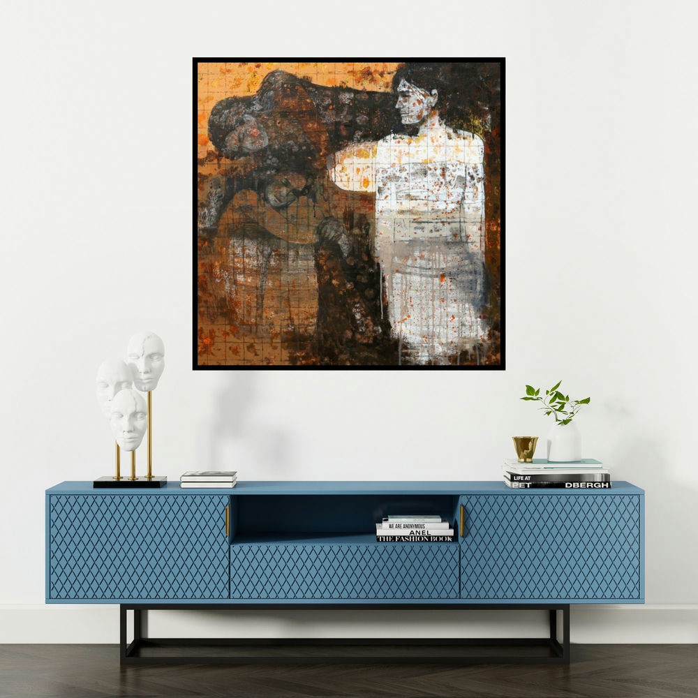 'Untitled 1 (Figure in White)' painting by Swati Sable shown on a wall in a furnished room.