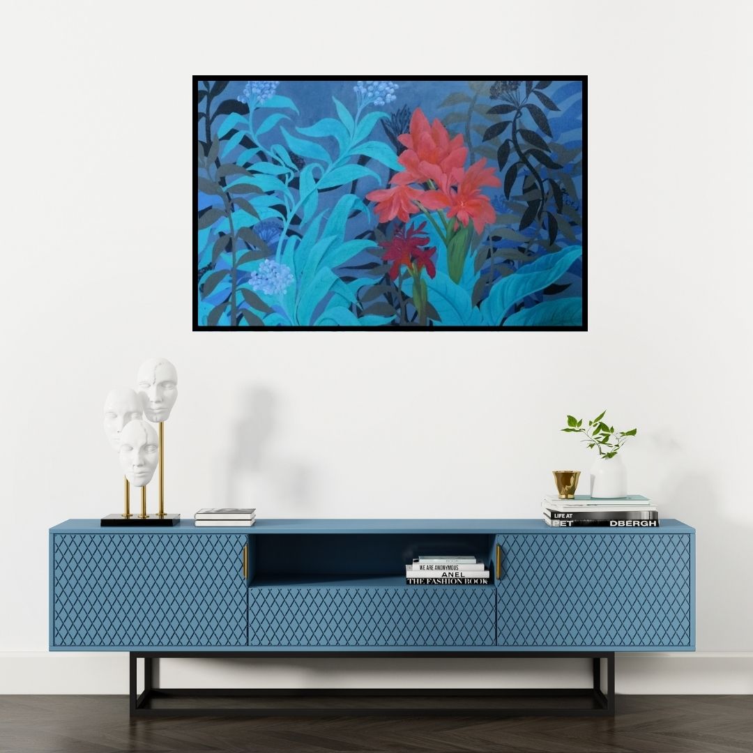 Preview of 'Untitled 1 (Midnight Bloom)' Painting by GOPAL Roy shown on a wall in a furnished room.