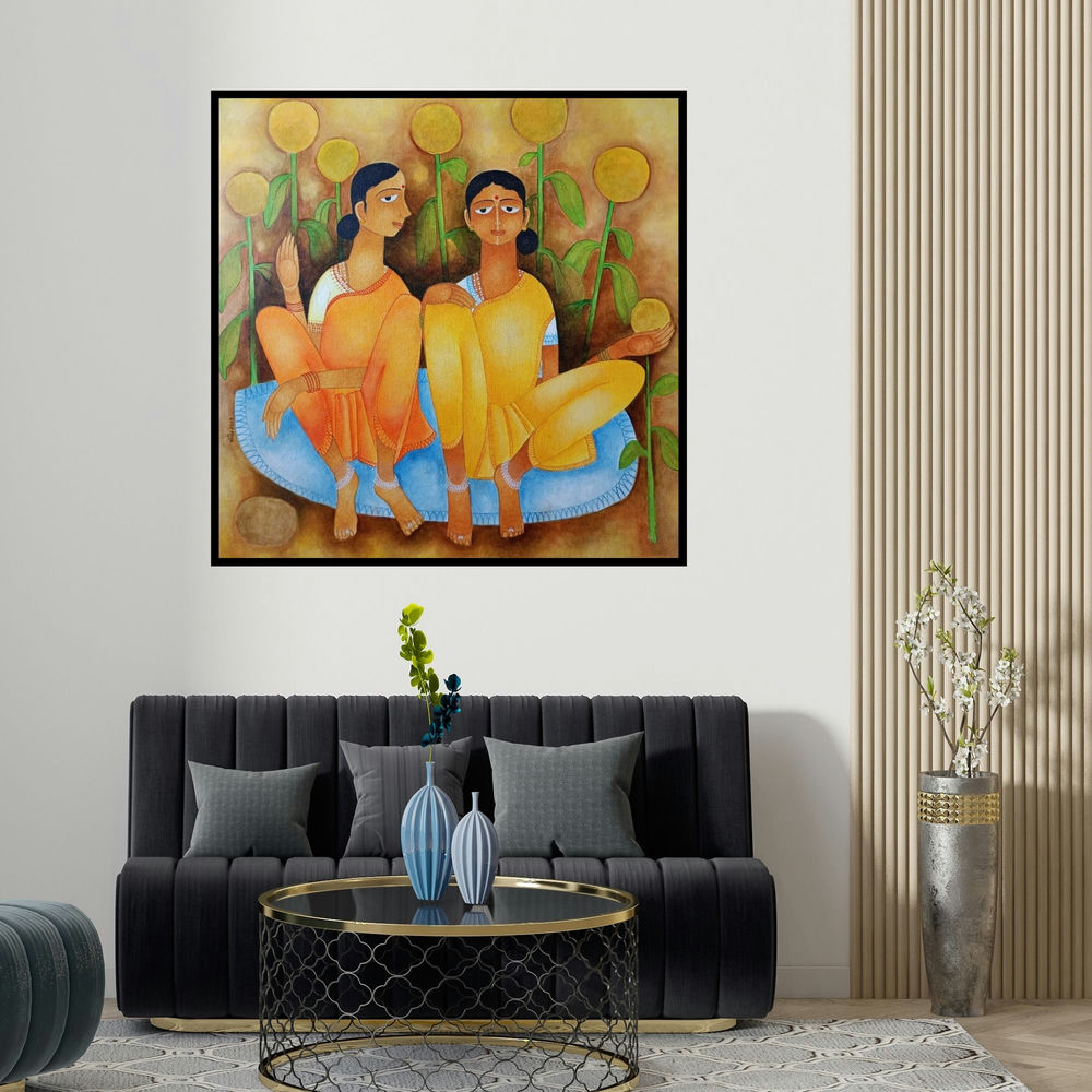 Mohit Naik's 'Untitled 1' painting visualized above a sofa in a contemporary room.