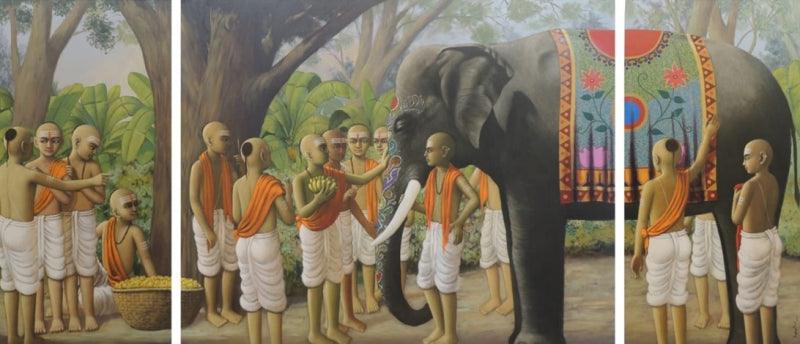 Figurative acrylic painting titled 'Untitled 1', 48x108 inches, by artist Sanjay Raut on Canvas