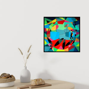 Preview of 'Untitled 1 (Urban Symphony)' Painting by Prasanta Acharjee shown on a wall in a furnished room.