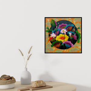 Preview of 'Untitled 1 (Lotus Pond Circle)' Painting by Nur Ali shown on a wall in a furnished room.