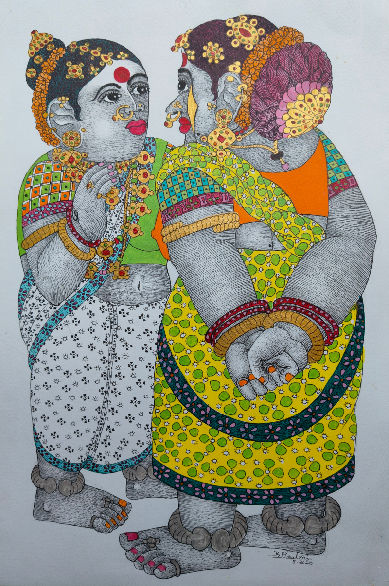 Untitled 1' figurative acrylic painting by artist Bhawandla Narahari, 30x15 inch, on paper