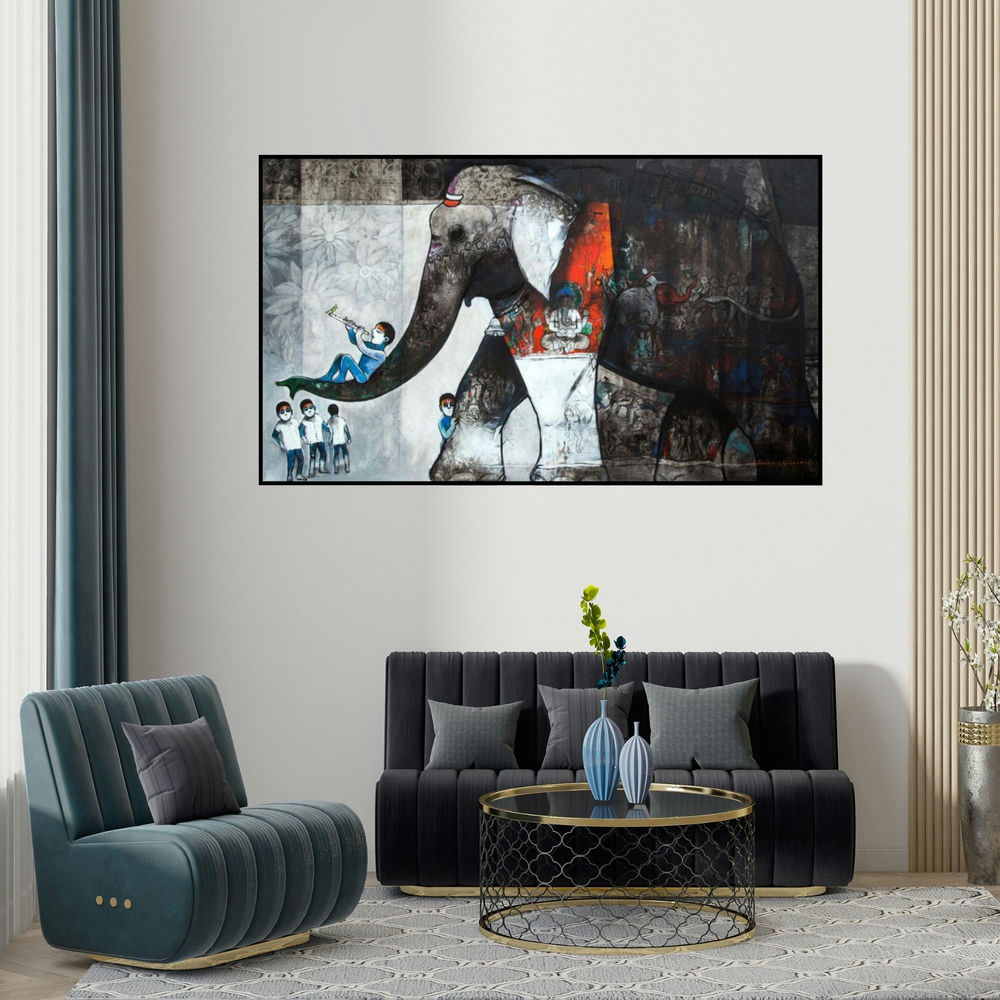 Suresh Gosavi's 'Untitled 1 (The Gentle Giant)' painting visualized above a sofa in a contemporary room.