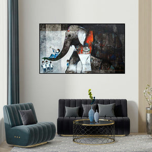 Suresh Gosavi's 'Untitled 1 (The Gentle Giant)' painting visualized above a sofa in a contemporary room.
