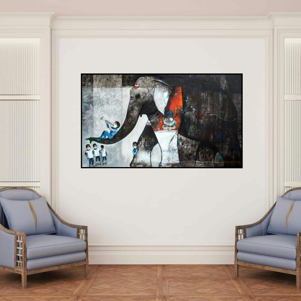 'Untitled 1 (The Gentle Giant)' painting by Suresh Gosavi shown on a wall in a furnished room.