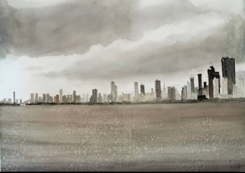 Untitled 1' cityscape watercolor painting by artist Arunava Ray, 21x28 inch, on paper