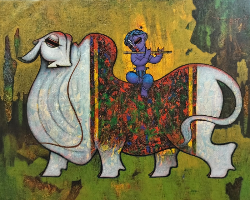 'Untitled 1' religious acrylic painting by artist Ramesh Gujar, 48x60 inch, on canvas