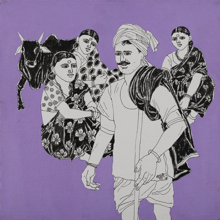 'Untitled 1' figurative acrylic painting by artist Laxman Aelay, 12x12 inch, on canvas